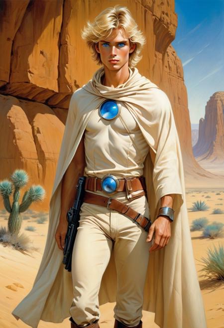 art by  Boris Vallejo of a youthful, slender figure with a clean-cut, boyish appearance. He has sandy blond hair, often tousled and unkempt, reflecting his rough life on a desert planet. His bright blue eyes exude a sense of curiosity and determination. His face is marked by youthful features, including a smooth complexion and a somewhat angular jawline.
His attire is practical for a moisture farmer: he typically wears a loose-fitting, cream-colored tunic, beige pants, and rugged, knee-high boots suitable for the desert environment. A brown utility belt with various pouches and a blaster holster wraps around his waist, highlighting his readiness for adventure. His look is completed with a tan poncho or cloak for protection against the desert's harsh climate.
Despite his modest clothing, Luke's demeanor and physical presence hint at his latent heroism and the extraordinary destiny that awaits him. the scene should capture the essence of space opera with artistic detail, ink drawing,  advntr, bad_prompt_version2, negative_hand, ac_neg1