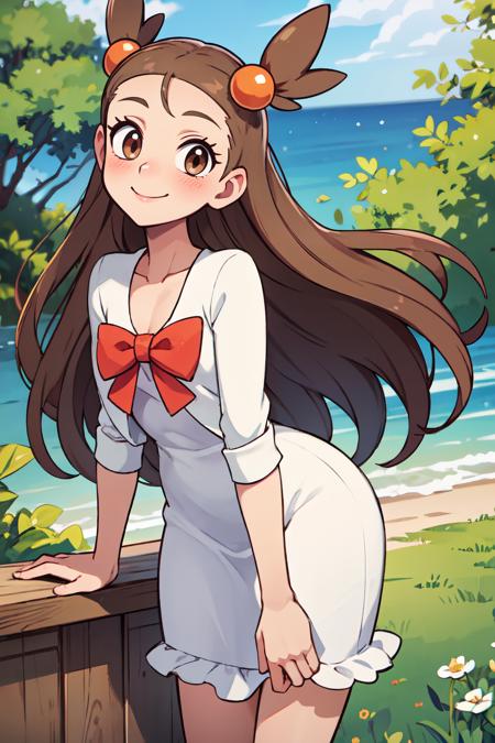 zzMikan, brown hair, long hair, two side up, hair ornament, brown eyes, bow, hair bobbles, white dress