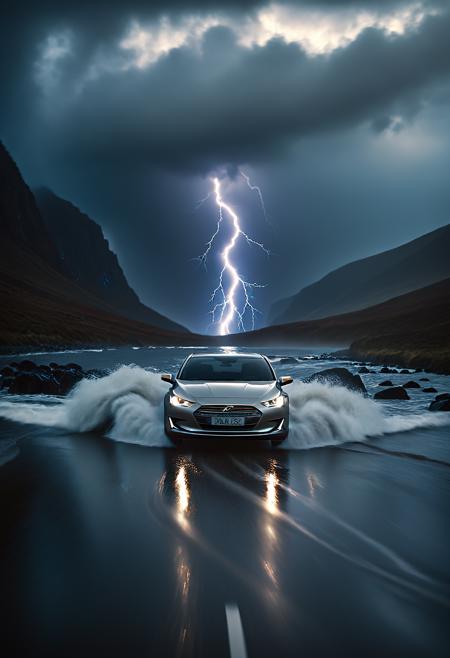 cinematic film still <lora:Andrew Law CLIP-000005:1>,Andrew Law concept art,car,road,<lora:Abstract Concept-water-000004:0.4>,water concept art,water,fantasy,waves,lightning,outdoors,humans,cloudy, . shallow depth of field, vignette, highly detailed, high budget, bokeh, cinemascope, moody, epic, gorgeous, film grain, grainy