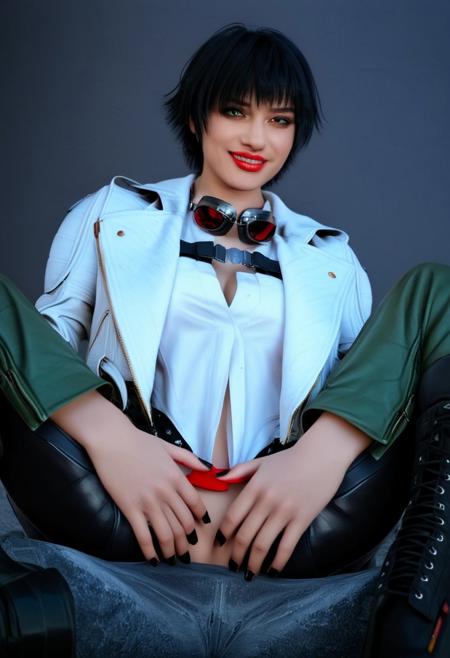 masterpiece, best quality, perfectly symmetrical face, detailed skin, amazing photograph, 8K, high quality, photorealistic, realism, art photography, sharp focus,
14dy, lady \(devil may cry\), MaryAnnArkham, 1girl, solo, breasts, looking at viewer, smile, short hair, bangs, black hair, thighhighs, green eyes, red eyes, heterochromia, gloves, medium breasts, sitting, jacket, boots, open clothes, black gloves, fingerless gloves, nail polish, open jacket, lips, no bra, goggles, black nails, cropped jacket, goggles around neck,
