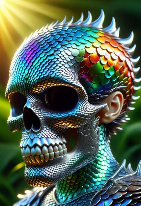high quality, high resolution, extremely detailed,  a flacid male head with scalebound  in its skull. stylized artistic fantasy image. colorful, elaborate. Realistic. contrasting color image. sunshine, sparkling light reflections.funy scalebound  style.