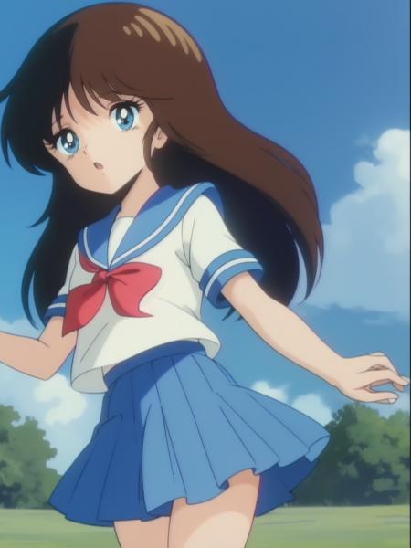 <lora:NonomuraAmi_BeMybaby_Ver2:0.8> NonomuraAmi, brown_hair,  blue_eyes,  bangs, brown_black_hair, long hair, cowboy Shot, 
1girl, solo, school uniform, skirt, blue sky,
1980s \(style\), anime, anime_screencap, animated gif, mp4 ,video, animated, 
retro artstyle,