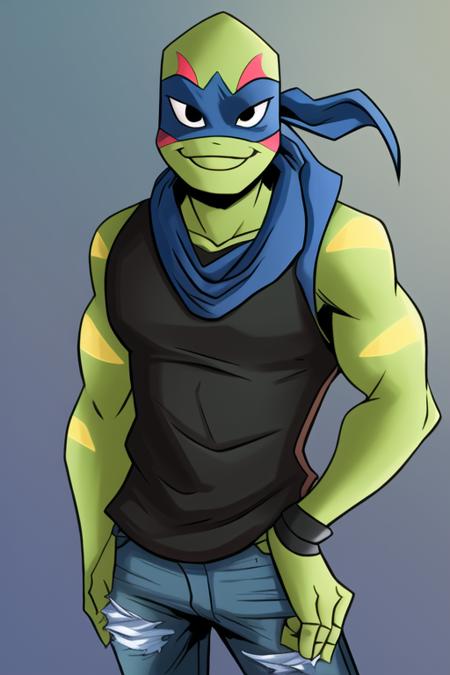 Leo_RTMNT, 1boy, turtle boy, turtle shell, dot pupils, green skin, blue headband