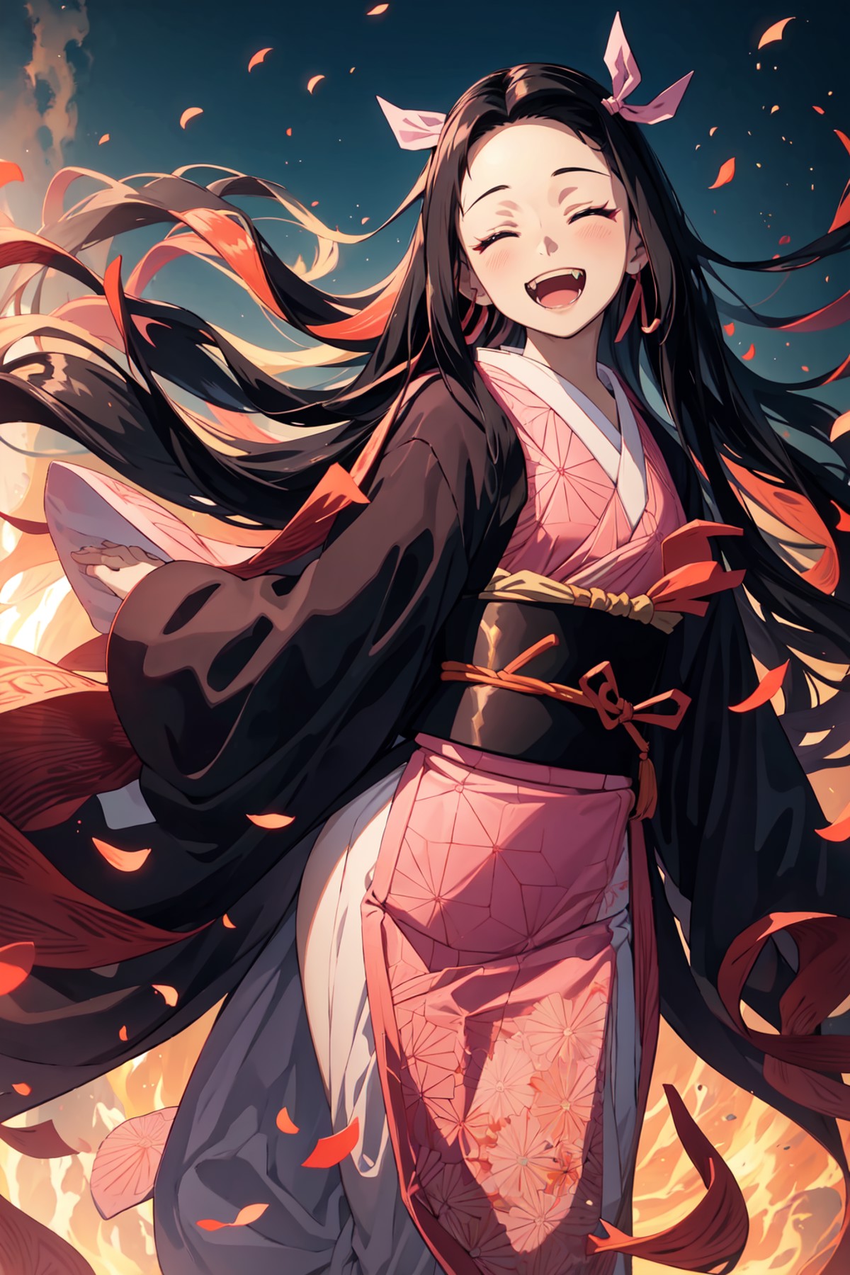 anime, hdr, soft light, ((best quality)), ((masterpiece)), (detailed), nezuko, black hair, forehead, open mouth smiling, e...