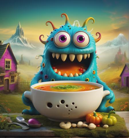 very cute appealing anthropomorphic colorful soup monster, Artistically rendered, styles:by Alexander Jansson, amazingly beautiful work, Landscape characters and elements fit completely within the image frame, Detailed realization, Definition High Quality, expressive faces, Sharp eyes,(Background with:ghost house kitchen),âmasterpiece,cute soup monster