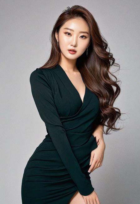 Female, 22, Korean, Model, tall and elegant, with long, wavy brown hair and striking green eyes. She's dressed in a chic black dress that hugs her curves and high heels that elongate her legs.