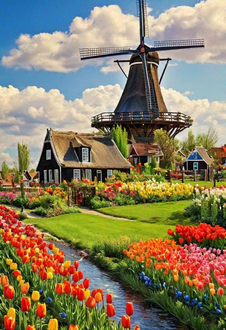 (Masterpiece:1.2), (best quality:1.2), (super high resolution:1.2), brushwork, painting
A beautiful landscape, dutch windmills, colorful tulips planted, grass, wooden house, outdoors, blue sky and white clouds, (style of Martiros Saryan)
