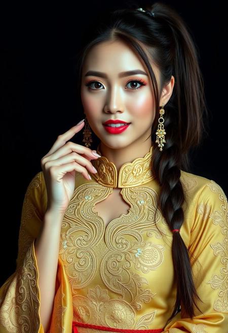 close-up photo of gorgeous asian woman in long ponytail hair wearing intricated indonesian traditional dress, glamour makeup and complete accesories, her lips slightly open, one finger on her cheek, professional model look, high-key lighting with dark backdrop, dslr, no-filter