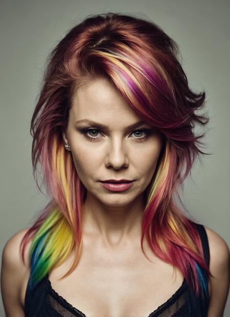 portrait of sks woman by Flora Borsi, style by Flora Borsi, bold, bright colours, rainbow Mohawk haircut, ((Flora Borsi)), <lora:locon_andrearoth_v1_from_v1_64_32:1>