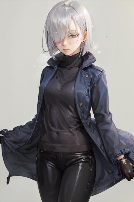 (masterpiece, best quality:1.2), <lora:sxf_frost-20:0.8>, cowboy shot, solo, 1girl, fiona frost, expressionless, closed mouth, looking at viewer, white hair, purple eyes, blue duffel coat, black turtleneck, black pants, black gloves, green background