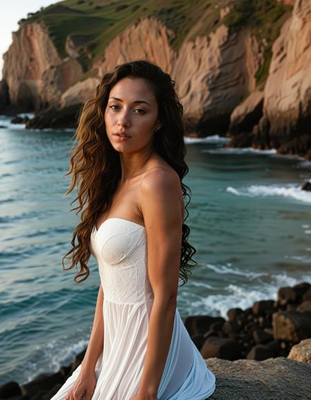 RAW full body analogue photo of a beautiful 25 years old woman, clear focus, high resolution image, Ms AICB, dark skin, <lora:MS_AICB_SDXL_V1:1.0> African,  ,Photo real image, A photo-realistic shoot from a front camera angle about a serene woman sitting on a rocky beach during sunset. the image also shows a calm ocean and cliffs in the background. on the middle of the image, a 20-year-old woman who appears to be in her mid-twenties, with long hair and fair skin, is sitting with her legs crossed and her hands resting on the rocks. she is wearing a sheer white dress that clings to her body, showing off her bare shoulders and medium breasts. her eyes are closed, and she has a calm expression on her face. her hair is styled in a long hair, and her body is slim. her nipples are visible through the sheer fabric of the dress. the background features a calm sea with waves crashing against the cliffs, and the lighting is soft and natural, casting gentle shadows on her body, (long curly hair:1.4),,low light, soft natural light, Rembrandt style light, Hasselblad DLSR camera, 200mm Zeiss lens, f/2.8 ,Sexy pose, erotic pose, exhibitionism, ,Cliffside temple
