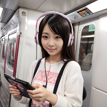 mtr,  kawaii, woman, instagram, by photographer, photorealistic, masterpiece,   best quality,  depth of field,  blurry background,  standing,  detailed face, face focus, holding nintendo switch
, wearing wireless headphone