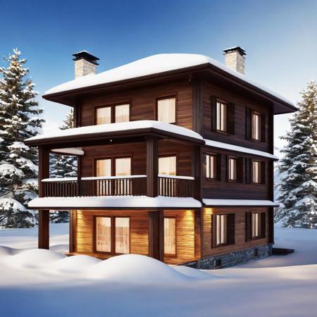 8k,realistic,a beautiful wooden villa,winter,snow,day time,shining,shadows,modern villa,