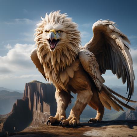 highly detailed documentary photo of griffon:1.3,

yellow eyes, beak, ((four paws)),  open mouth, ((full body)), 8k, intricate details, depth of field, cinematic,

masterpiece, best quality:1.1, 

ultra photoreal, photorealistic:1.0, sharp focus:1.1, 
depth of field:1.1, god rays:1.4,

50mm, style of Nathan Wirth, Hasselblad X1D II, Porta 160,
