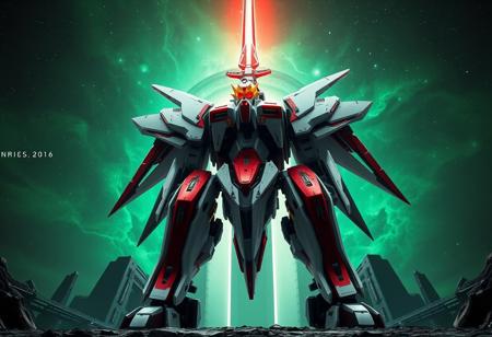 Superdimensional Robot Galaxy Destroyer, vast scale, predominantly white with crimson and obsidian metallic plating, luminous yellow head, black optics, stands centered, wielding a radiant ruby sword aloft, dynamic action pose. Background: emerald nebula green galaxy, stark cosmic gateway. Dramatic lighting, epic composition, creative low angle. Matte painting, digital art, highly detailed, Octane Render, Unreal Engine 5. CGSociety, trending on ArtstationHQ. Golden ratio, 4K, high resolution.