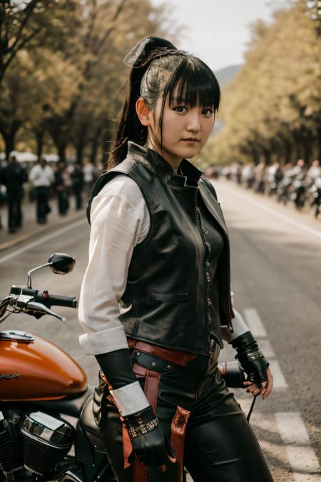 RAW photo of sumetal, Leather Vest at Motorcycle Ride, (high detailed skin:1.2), 8k uhd, dslr, soft lighting, high quality, film grain, Fujifilm XT3, <lora:sumetal:1>