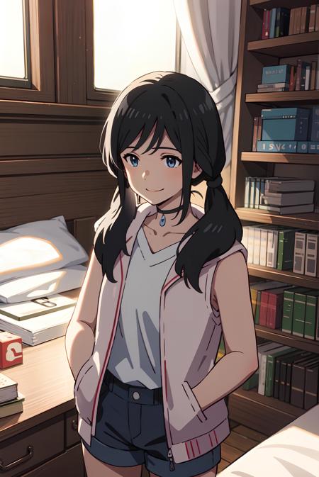 <lora:Amano_Hina-000007:0.6>,amano_hina, 1 girl, solo,(smile),(standing),(hands in pockets),(upper body), twin tails, long black hair, blue eyes, white sleeveless jacket,denim shorts, bare shoulders, indoors,bedroom,window,books,