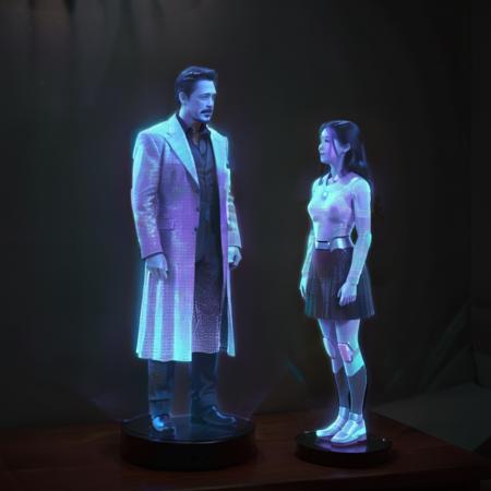 Tony Stark in realistic style, as a holographic image, reuniting with his daughter. Capture the emotional depth of the moment, with Tony's holographic figure appearing both ethereal and detailed, interacting tenderly with his daughter. The setting is a dimly lit room, filled with futuristic tech, giving a sense of intimacy and nostalgia. Emphasize the contrast between the vivid realism of the daughter and the translucent, shimmering quality of Tony's hologram. The expressions should convey a mixture of joy and wistfulness, capturing a poignant father-daughter reunion., <lora:blue_ar:0.85>