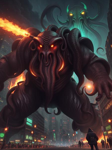 masterpiece, best quality,illustration, (Cthulhu), shape man invading city, fire, (battle scene:1.2), many people, huge machines, tentacles, fear, night scene,game cg, extremely detailed cg unity 8k wallpaper, cityscape, glowing light, motion blur, monster, orc, goblin, looking up