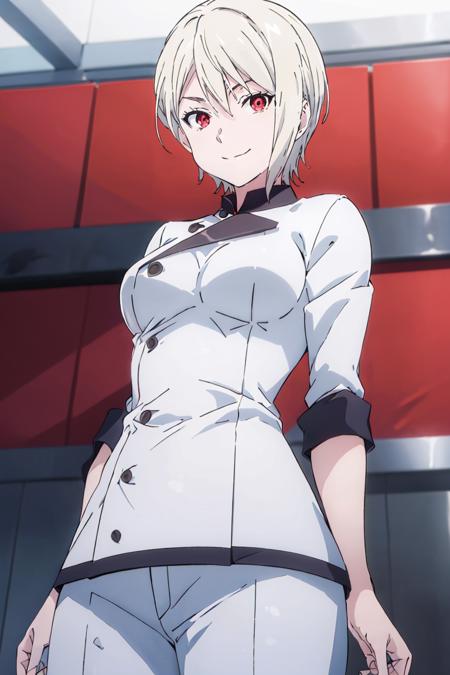 Nakiri_Alice_Shokugeki, white hair, short hair, red eyes, chef