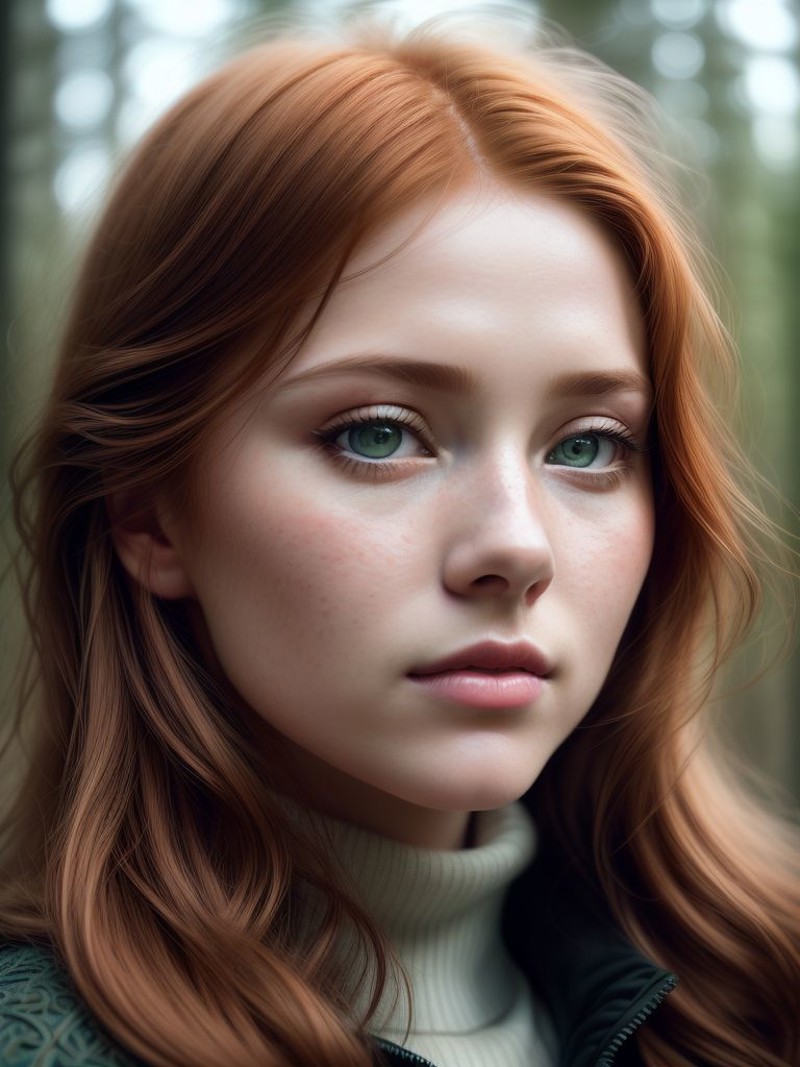 close up of a european woman, ginger hair, winter forest, natural skin texture, 24mm, 4k textures, soft cinematic light, R...