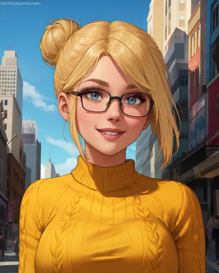 kara,blonde hair,blue eyes,
single hair bun,bangs,glasses,
yellow sweater,
standing,upper body,
morning,metropolis city,store,
(insanely detailed, beautiful detailed face, masterpiece, best quality),smile,
<lora:supergirl-10IJ2:0.4>,