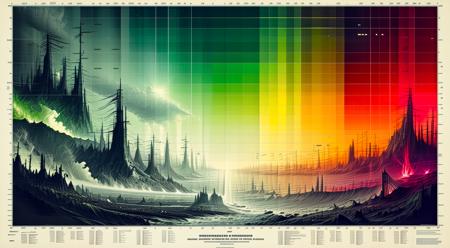 ORIGINAL PROMPT: An artwork done in the style of artist (nicolas delort:1.4), as a (electromagnetic spectrum chart:1.6).
An evocative and detailed random scene that best depicts the Climate Catastrophe genre.
PRODUCTION PROMPT: Original prompt was used.