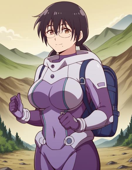 <lora:yunhua-lu-s1-ponyxl-lora-nochekaiser:1>, yunhua lu, black hair, brown eyes, twintails, low twintails, hair between eyes, glasses, mole, mole under mouth, large breasts, bodysuit, pilot suit, spacesuit, purple bodysuit,