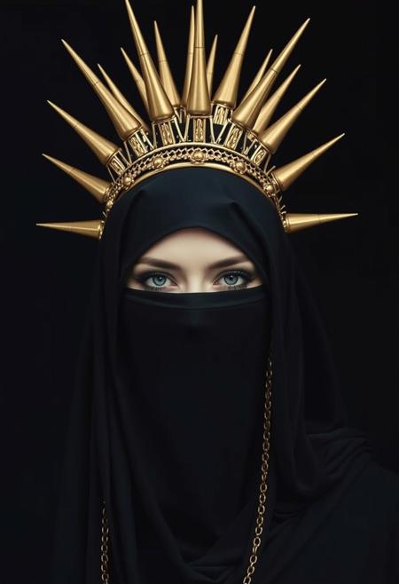 lady in black veils her face and has a large golden spiked crown, in the style of celestial fashion, otherworldly beauty, davide sorrenti, celestial punk, album covers, fra angelico, aykut aydogdu, queencore, golden age aesthetics