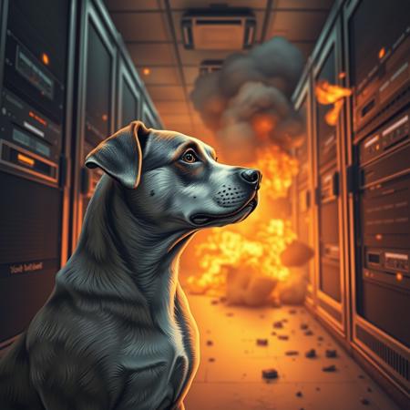photograph of Understanding the Dog Side Eye, 1 dog, trying to fix a burning and exploding server room