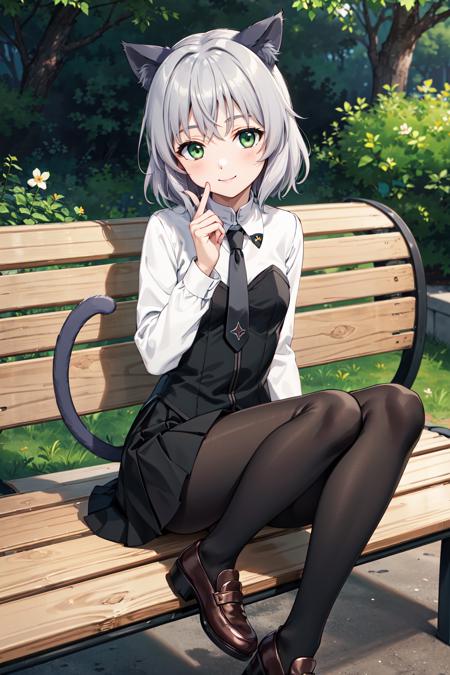 aasanya,short hair,green eyes,uniform,shirt,bustier,long sleeves,necktie,miniskirt,black pantyhose,shoes