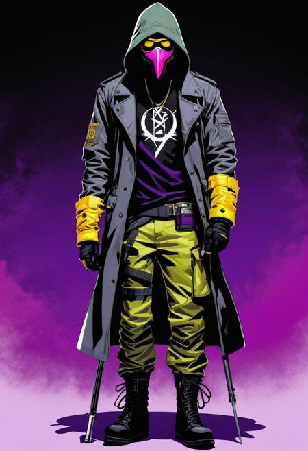 A clandestine figure drawn in occult dark ethereal wizardpunk neofantasy comic book style. He stands, wearing a jet-black wool ski mask, an air filtering paint mask over the ski mask, and a the guerilla cloth armaments of a brujericarton, which is a purple vanilla vinyl warhawk trench coat, a system of a down tee shirt, grey green and gold camo pants patched up with electrical tape and cooler wiring. On his hands he wears black aluminum alkaline lithium crystal gauntlets that progenate crystalline hot pinkish white energy shards that cause corrosion and are flammable