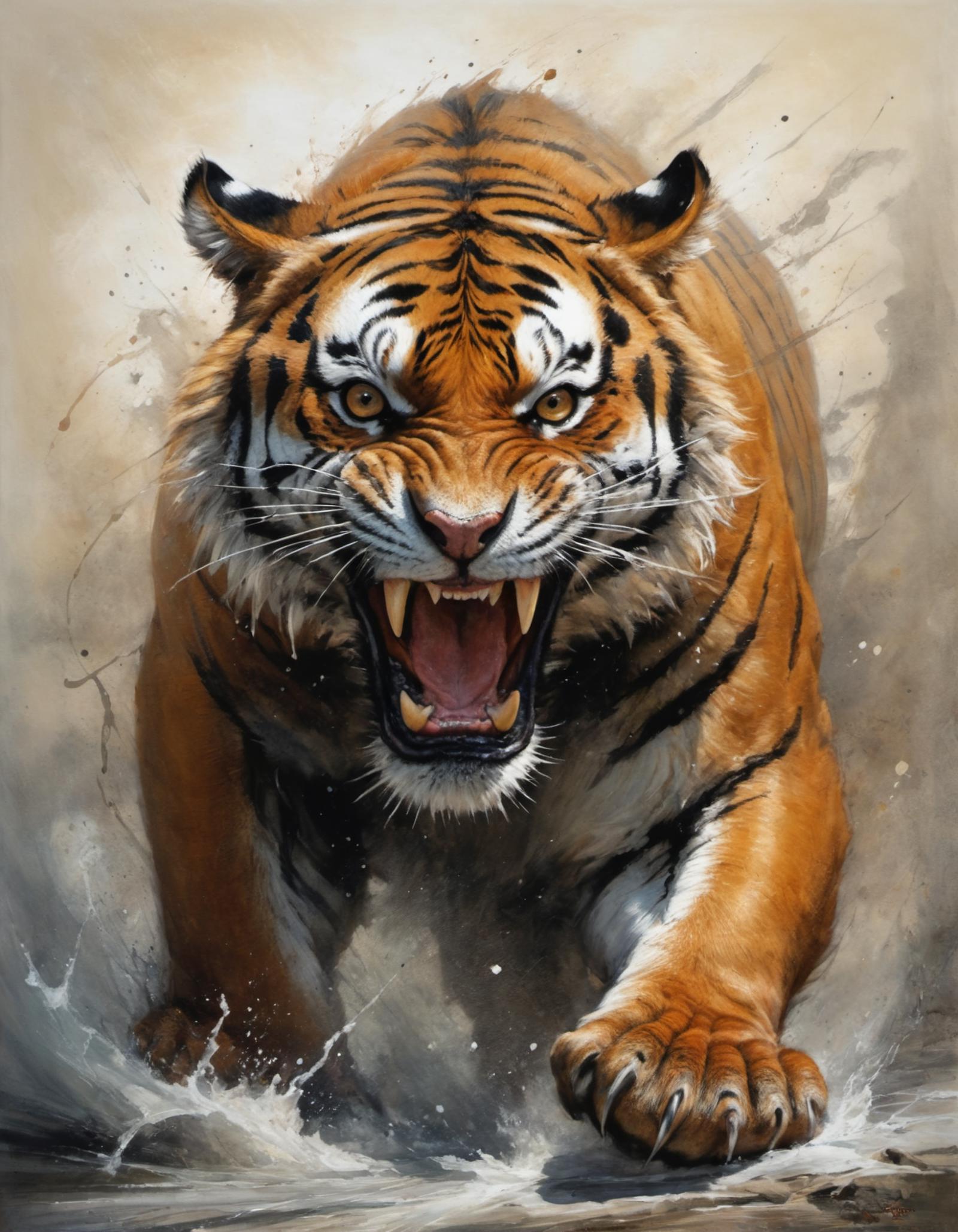 A painting of a tiger with its mouth open and sharp teeth.