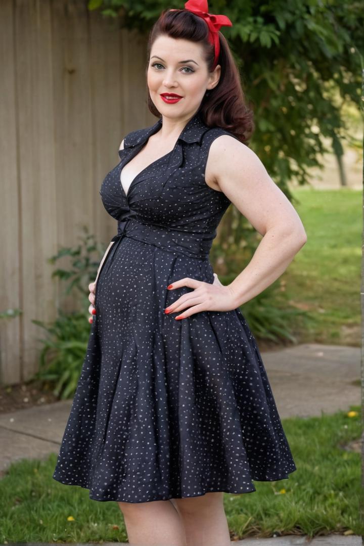 pregnant preggo milf wearing a pinup style rockabilly dress