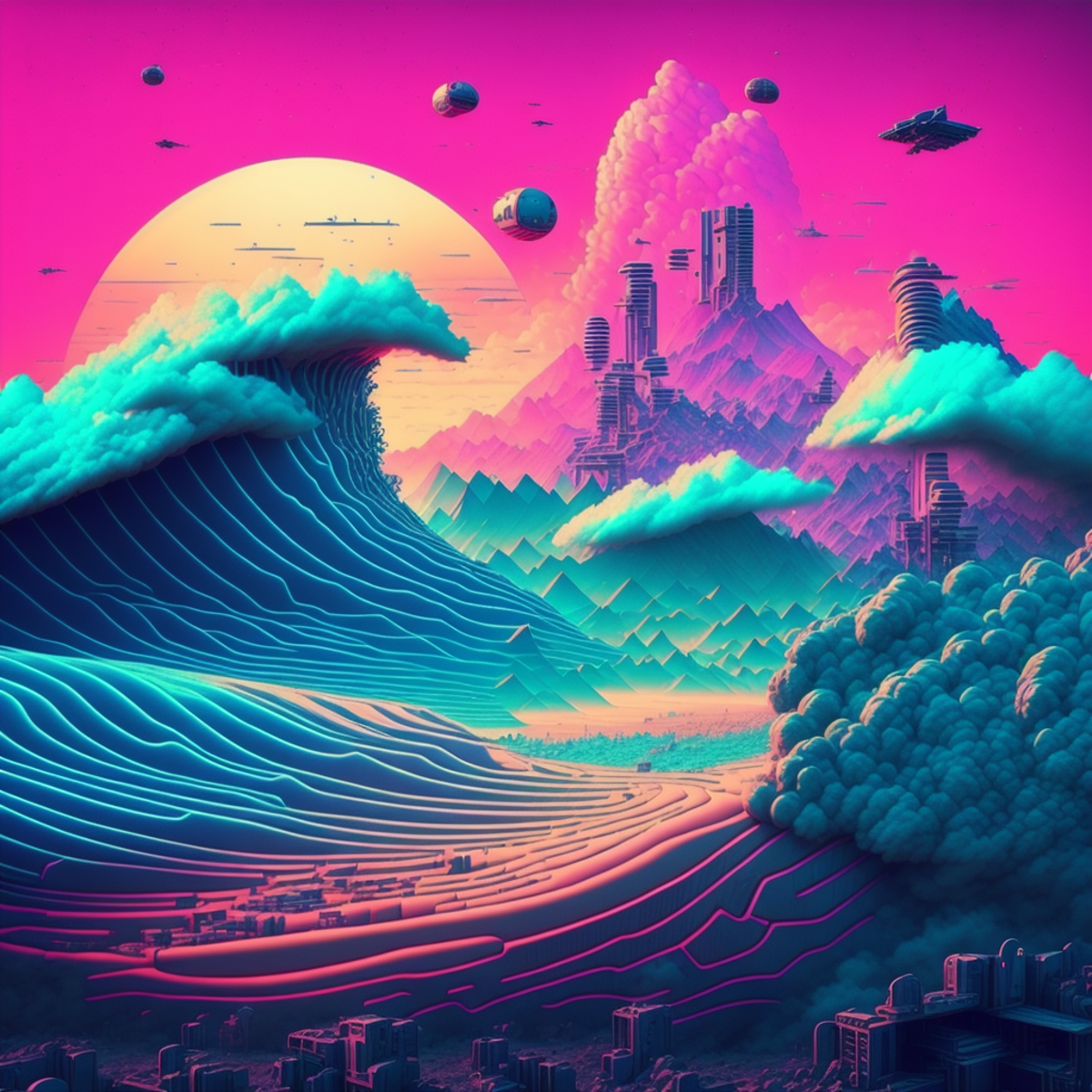 photo, Apocalypso style, a computer generated image of a futuristic city with mountains and clouds machines <lyco:JohnsonD...
