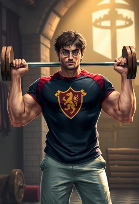 A buff Harry Potter wearing a gym shirt with the Gryffindor symbol, lifitng a barbell in a fantasy gym environment.