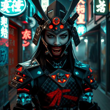  A photorealistic full-body vertical portrait of a fierce goth vampire samurai girl with pale skin and sharp, aggressive features, set in a dystopian Neo-Tokyo inspired by Blade Runner. She has intense goth makeup with heavy black eyeliner and dark eyeshadow, and a cold, defiant gaze. Her mengu mask is gothic and futuristic, with skull motifs, spiked edges, and glowing engravings in neon red and electric blue. Her samurai armor blends tribal and cyberpunk influences: black carbon fiber plates, crimson LED accents, turquoise circuitry, and angular, tech-enhanced design elements. She stands confidently in a rain-slick neon-lit alley, surrounded by holograms, mist, and glowing kanji signage. The atmosphere is dark, cinematic, grainy like 16mm film, and full of cyberpunk tension. No text or letters appear in the image.   The atmosphere is moody and cinematic, with soft bokeh, dramatic lighting, and a grainy 16mm film look. Highly detailed, rich in emo and goth influence, with no text or letters in the image.

Simulating Kodak Ektacolor Pro 160, with a custom white balance at 5500K. cinematic lighting, analog film, film grain, kodak chrome, cool cinematic tones,high contrast, sharp details, with moody lighting that adds depth,. (cinematic atmosphere:1.3), deep photo, depth of field, (black hair)), , (ambient occlusion), (cinematic lighting:1.3), (4K image quality:1.3), (sharp detail:1.3), (highly realistic:1.3), (dim warm cinematic lighting:1.3)
