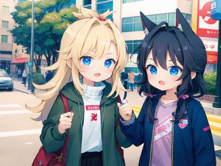 masterpiece, best quality, den2, 2girls, girl-girl relationship, harajuku street fashion, outdoors, <lora:den2chibi:1.5>,