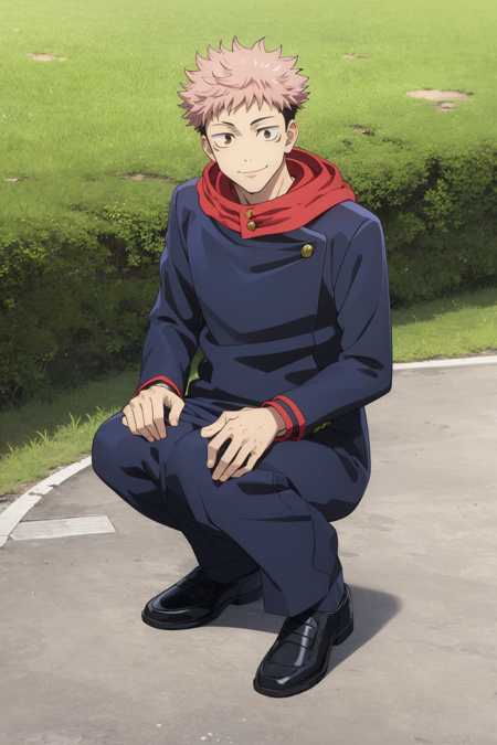 masterpiece, best quality, 1boy,  itadori yuuji, pink hair, spiked short hair, undercut, brown eyes, facial mark, hoodie, school uniform, gakuran, jacket, long sleeves, pants, shoes,  squatting, full body, smile, looking at viewer, solo, grass, blue sky, meadow backgroundd <lora:Itadori:0.9>