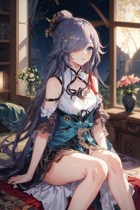 (masterpiece, top quality, best quality, official art, beautiful and aesthetic:1.2),extreme detailed,(fractal art:1.3), Fu Hua(az),<lora:Fu Hua_Azure Empyrea_v2.6:0.8>,hairpin,hair ornament,barefoot, bed,indoors,window,sitting,night,moonlight,star \(sky\), dress removed, hair over one eye,