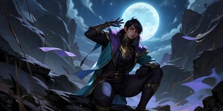 HEZI, LOL, \\\(lol style\\\), game cg, night, 1boy, black hair, bangs, outdoors, sky, short hair, facial hair, holding, moon, star \(sky\), 1girl, scar, long hair, cape, solo, gloves, night sky, starry sky, crescent moon, pants, looking at viewer, sitting, teeth, one knee, mask, male focus, beard, long sleeves, scar on face, bowl, glowing, hand up<lora:LOLå·¨ç¥å³°_å¤©ç(8bit)2-000018:0.6>,