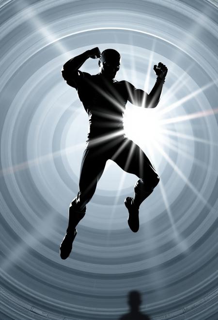 A chrome and silver beam hitting an athletic superhero  100 metres away. The beam is about 1 metre thick and surrounded by multiple concentric grey and white circles of varying diameter. The target is silhouetted and is in an action hero acrobatic pose