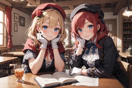 (masterpiece:1.3), (absurdres:1.3), (best quality:1.3), (ultra-detailed:1.3), 2girls, ayase eli, blonde hair, blue eyes, book, bottle, bow, cup, flower, gloves, hair flower, hat, head rest, long hair, multiple girls, nishikino maki, red hair, rose, smile, white gloves, background tavern, medieval tavern, crowd, drinking, adventurer, guild background, fantasy,