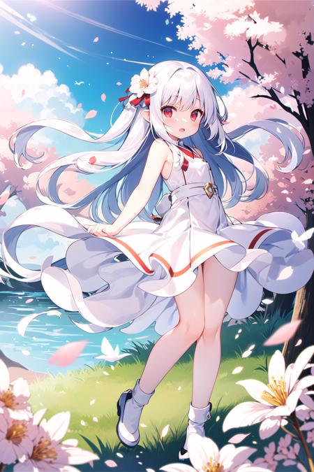 (Highest picture quality), (Master's work),(Detailed eyes description),(Detailed face description),
1girl,red eyes,white hair,(very long hair),very long hair (floating in the wind),hair ornament,white dress,small breast,bare legs,white socks,leather shoes,arms and hands behind back,blush,fluttering grass,(spring,sakura blossoms),petals,(lens flare),altocumulus,dazzling light,cool breeze,(shade) of [a sakura tree],meadow,(the grass is growing and the birds are flying),(lake,surface reflection)