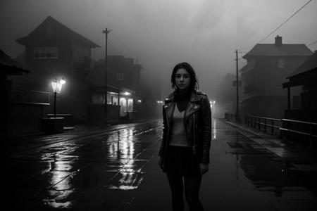 Atmospheric noir photo of a young woman, embodying a tough yet vulnerable demeanor, standing alone on a mist-enshrouded dock, in the style of Ridley Scott, silhouette contrasts against the foggy backdrop, dressed in a worn leather jacket, with disheveled hair, and eyes fixed on the horizon, full body, under dim, flickering lights casting long shadows, with the sound of water lapping at weathered wood, shot on a Leica M10 with a monochromatic filter to capture the gritty, cinematic essence.<lora:VisionaryVerse:0.75>