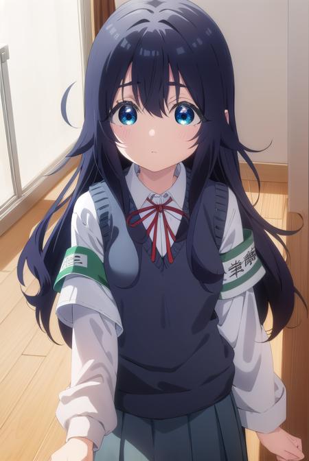 shizukayoshimoto, <lora:shizuka yoshimoto s1-lora-nochekaiser:1>,
shizuka yoshimoto, long hair, bangs, blue eyes, black hair, hair between eyes, wavy hair,
BREAK skirt, shirt, ribbon, school uniform, white shirt, pleated skirt, red ribbon, neck ribbon, armband, sweater vest,
BREAK indoors, classroom,
BREAK looking at viewer, (cowboy shot:1.5),
BREAK <lyco:GoodHands-beta2:1>, (masterpiece:1.2), best quality, high resolution, unity 8k wallpaper, (illustration:0.8), (beautiful detailed eyes:1.6), extremely detailed face, perfect lighting, extremely detailed CG, (perfect hands, perfect anatomy),