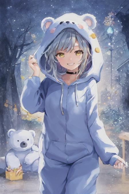 (art by yaguru magiku, (001glitch-core, dreamcore), 8sconception, alberto-mielgo, anime-background-style-v2, Super Quality, Vaporwave,Synth Wave,weirdcore, dreamy, full body
((a girl wearing an adorable bear ear hooded onesie pajamas to protect her from the cold. It's made with a bear face on the hood to show a sense of warmth, safety, and comfort. The girl's smile is warm and happy. It's the perfect onesie to wear in the winter time while watching a movie with a loved one with blankets and hot chocolate.))
Visual effects:movie lights, ,((masterpiece)),best quality,high resolution illustrations,particle effect,((very detailed CG)),((masterpiece))absurd,intricate details,((8k_wallpaper)),
[[red, blue, green, yellow, black, white, pink, purple, cowboy shot, ((((colorful)))), ink and wash painting, [white hair], delicate and beautiful girl, ((illustration)), ((floating hair)), ((chromatic aberration))]],1girl,