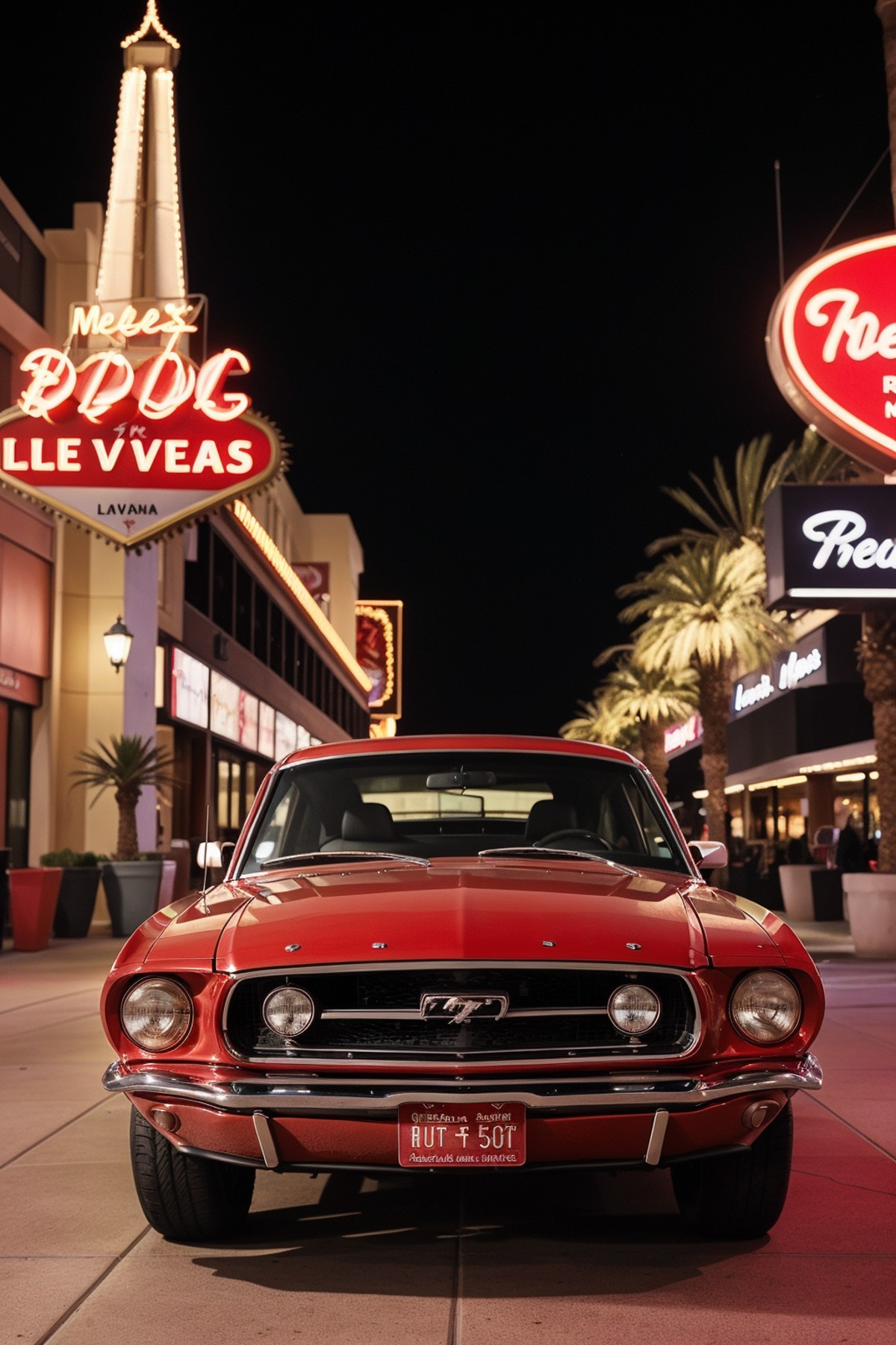 Photo of a classic red mustang car parked in las vegas strip at night