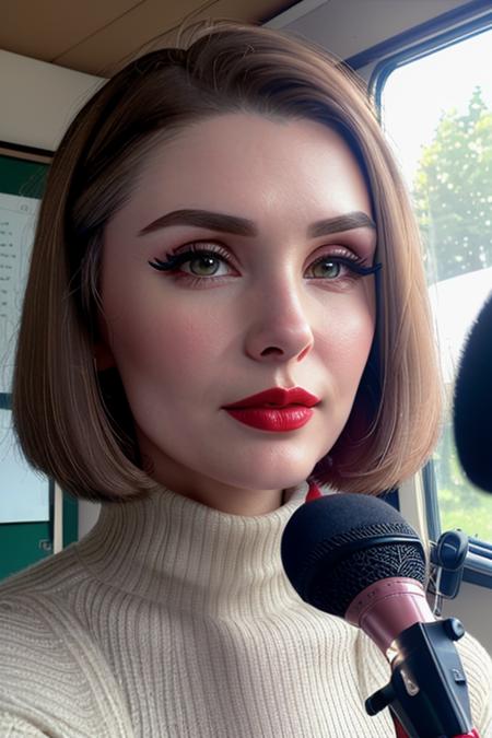 photo of laurens:0.99, a woman, ((pale skin)), ((short hair)), ((turtleneck sweater, microphone, desk)), ((closeup, portrait)), (((red lipstick,eyeliner, eye shadow, blush):1.1))), ((best quality, masterpiece, extreme details, high resolution):1.2),((detailed eyes, beautiful eyes, detailed face, beautiful face):1.2)