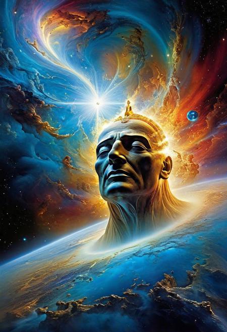 an intense ethereal birth of a god in the midst of the galaxy; the borders to the dimensions rips and flash of gorgeous plasma sprays into the galaxy, surreal masterpiece by (salvadore dali, Stephen Youll, Patrice Murciano)